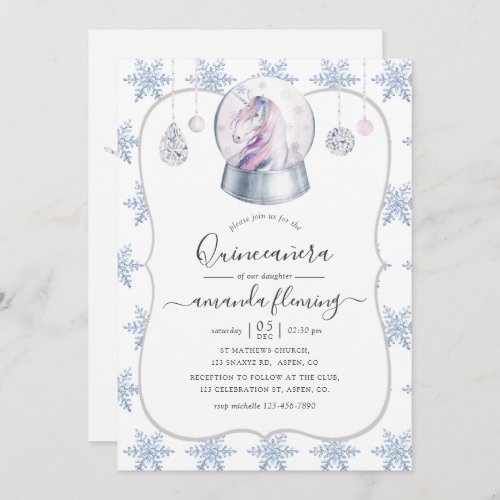 Faux Glitter Unicorn Winter Wonderland Quinceaera Invitation