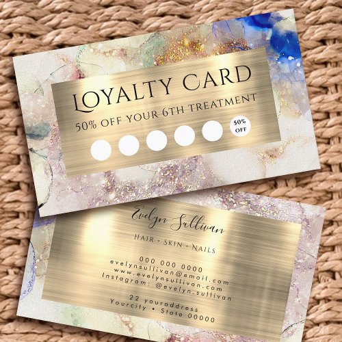 Faux glitter watercolor and Gold Foil Loyalty Card