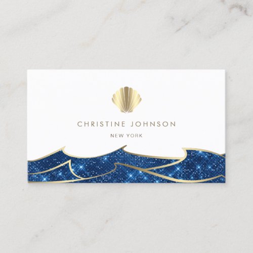 faux glitter waves golden seashell business card