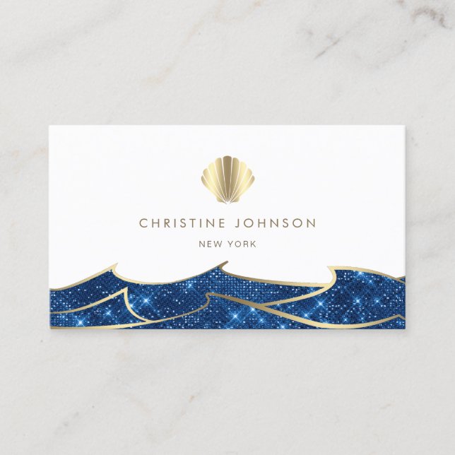 faux glitter waves golden seashell business card (Front)