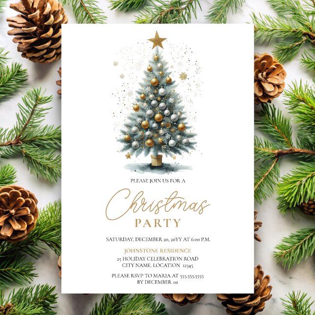 Faux Glittering Watercolor Christmas Tree Invitation (Elegant and simple faux glitter Christmas tree party invitation front view.)