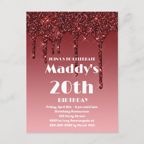 Faux Glittery 20th Birthday card for her
