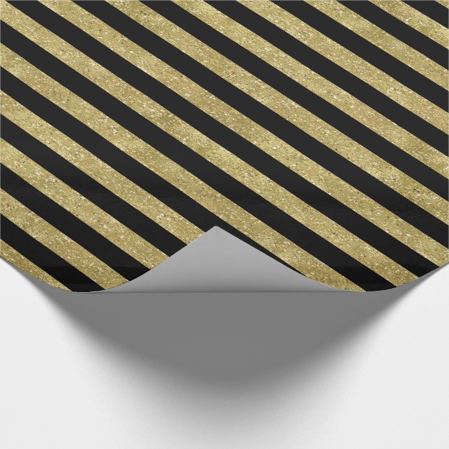 Faux Glittery Gold and Black Stripes Wrapping Paper (Corner)
