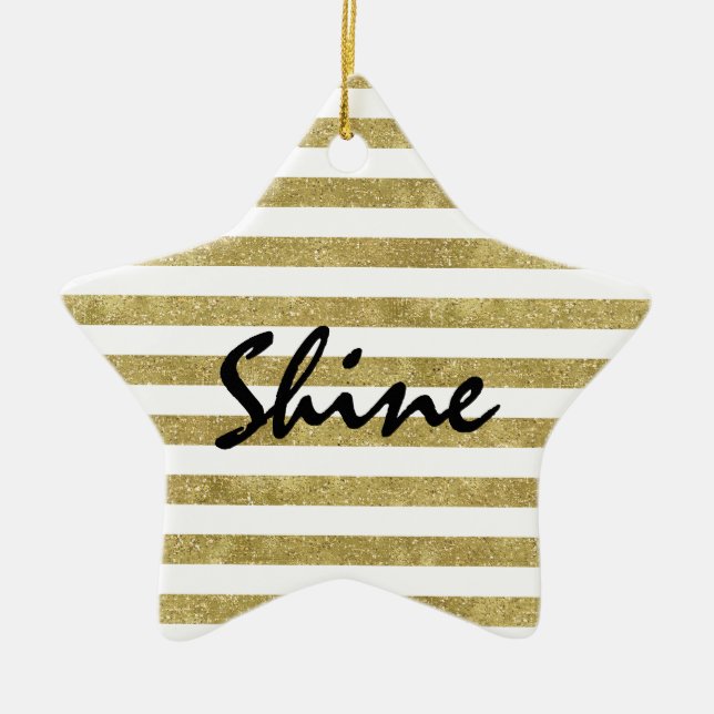 Faux Glittery Gold Stripes Shine Ceramic Ornament (Front)