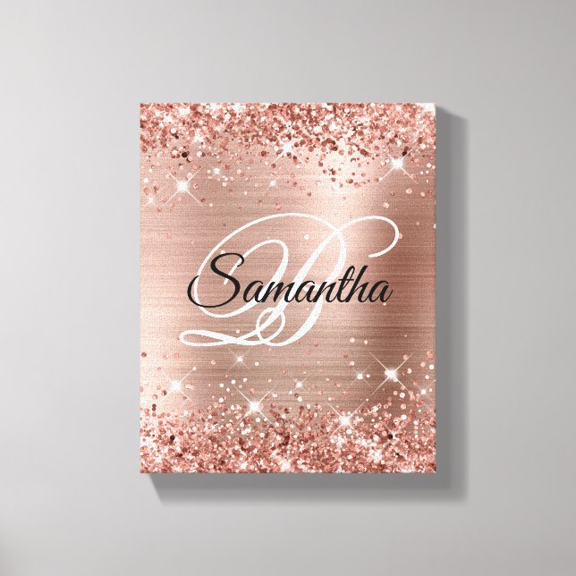 Faux Glittery Rose Gold Foil Fancy Monogram Canvas Print (Front)