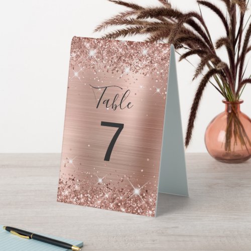 Faux Glittery Rose Gold Foil Wedding Table Tent Sign