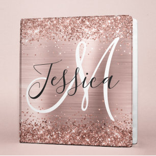 Faux Glittery Rose Gold Ombre Foil Monogram 3 Ring Binder
