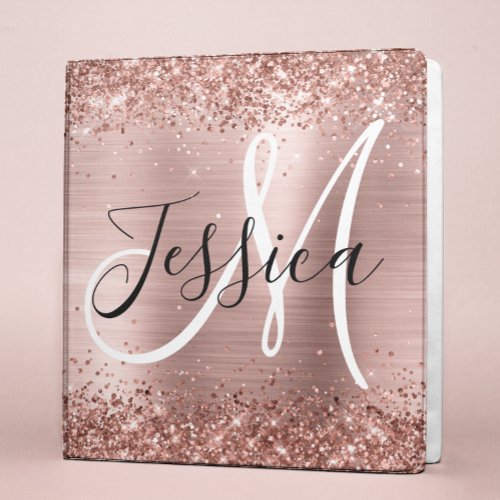 Faux Glittery Rose Gold Ombre Foil Monogram 3 Ring Binder