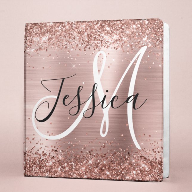 Faux Glittery Rose Gold Ombre Foil Monogram 3 Ring Binder (Creator Uploaded)