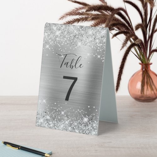 Faux Glittery Silver Foil Wedding Table Number Table Tent Sign