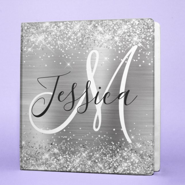 Faux Glittery Silver Ombre Foil Monogram 3 Ring Binder (Creator Uploaded)