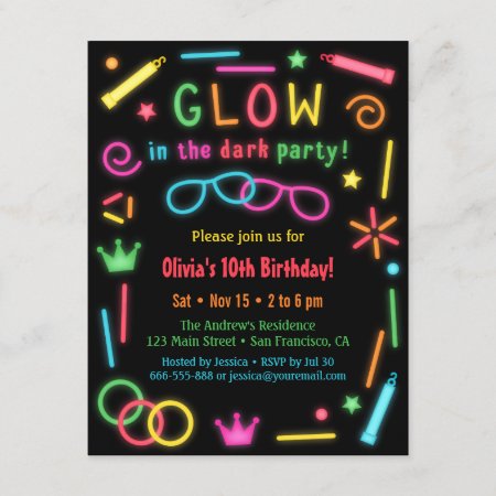 Faux Glow In The Dark Birthday Party Invitations