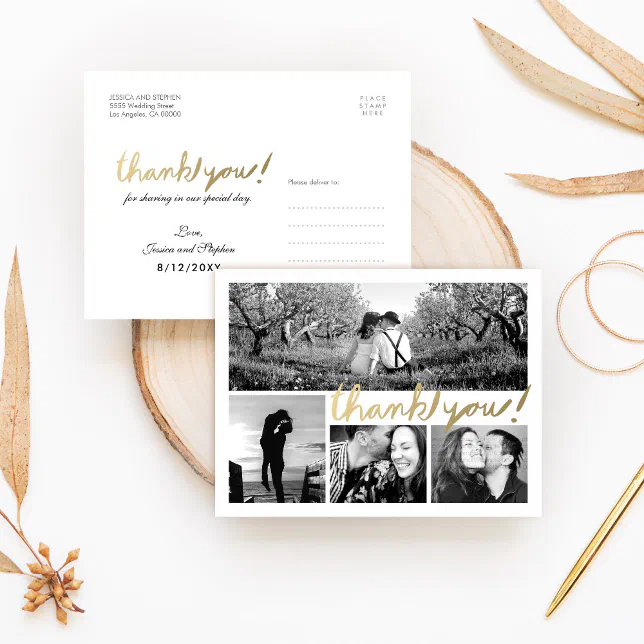 Faux Gold 4 Photo Collage Thank You Postcard | Zazzle