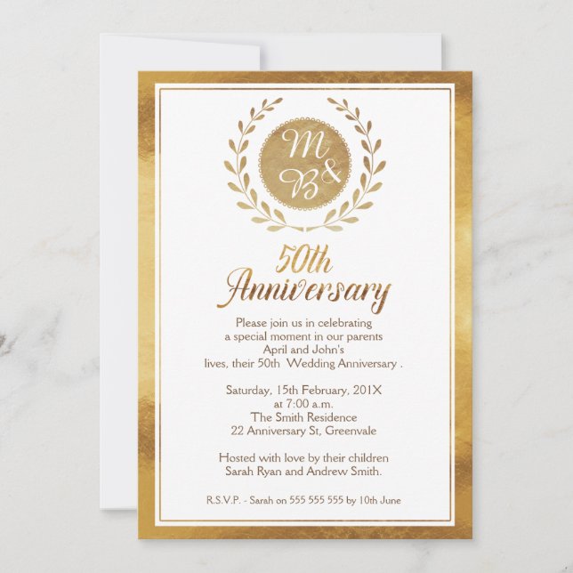 Faux Gold 50th Wedding Anniversary Invitation (Front)