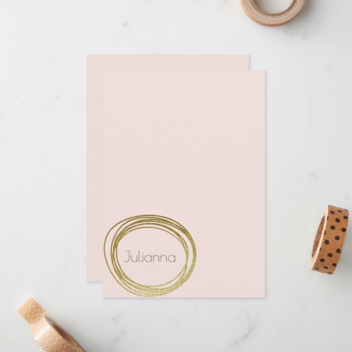 Faux Gold Abstract Circle Design Blush Pink Name Note Card