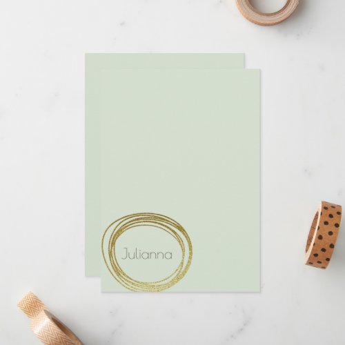 Faux Gold Abstract Circle Design Mint Sage Name Note Card