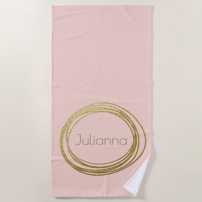 Faux Gold Abstract Circle Design with Name Pink Beach Towel (Front)