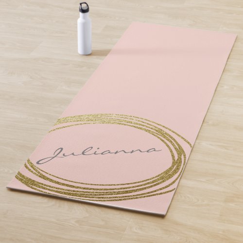 Faux Gold Abstract Circle Design with Name Pink Yoga Mat