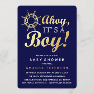 Faux Gold Ahoy it's a boy nautical baby shower Invitation