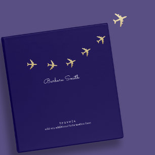 Faux Gold Airplanes Flying Travels Blue 3 Ring Binder