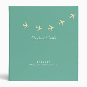 Faux Gold Airplanes Teal Blue Travels 3 Ring Binder