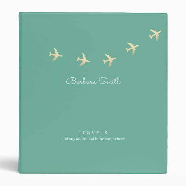Faux Gold Airplanes Teal Blue Travels 3 Ring Binder (Front)