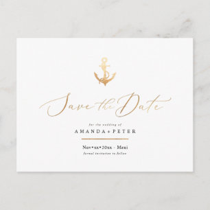 Faux Gold Anchor, Nautical Save the Date Postcard