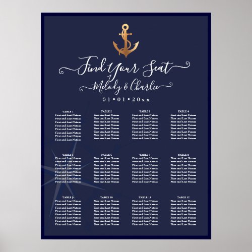 FAUX GOLD ANCHOR NAVY NAUTICAL SEATING CHART