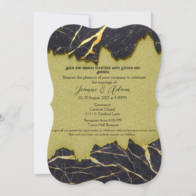 Faux Gold and Black Marble Wedding Invite RSVP (Front)