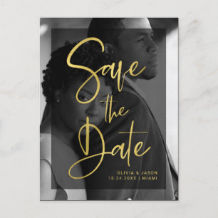 Faux Gold and Black Overlay Photo Save the Date Announcement Postcard