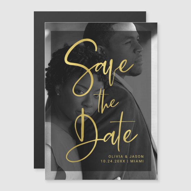 Faux Gold and Black Overlay | Photo Save the Date Magnetic Invitation (Front/Back)