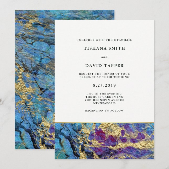 Faux Gold and Blue Marbled Wedding Invitation (Front/Back)