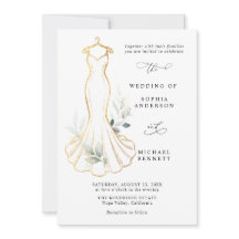 Faux Gold and Greenery Wedding Dress Invitation