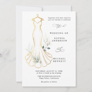 Faux Gold and Greenery Wedding Dress Invitation