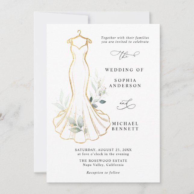 Faux Gold and Greenery Wedding Dress Invitation (Front)