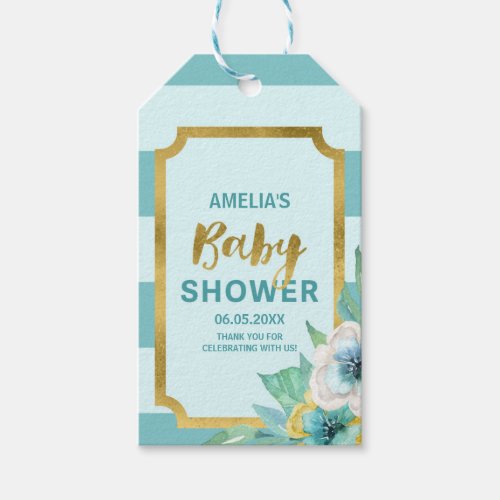 Faux Gold and Mint Floral Baby Shower Gift Tags