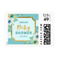 Faux Gold and Mint Floral Baby Shower Postage