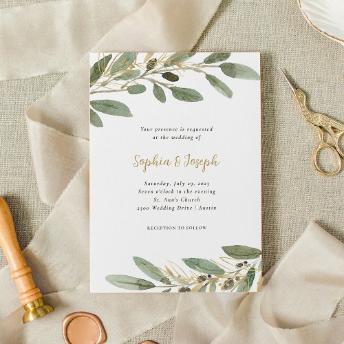 Faux Gold and Olive Leaves  Wedding Invitation