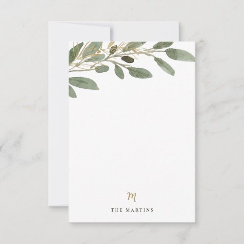 Faux Gold and Olive Leaves  Wedding Monogram Note Card