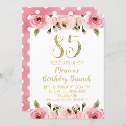 Faux Gold And Roses 85th Birthday Party Invitation