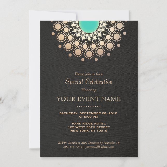 Faux Gold and Turquoise Circle Mandala Black Invitation (Front)