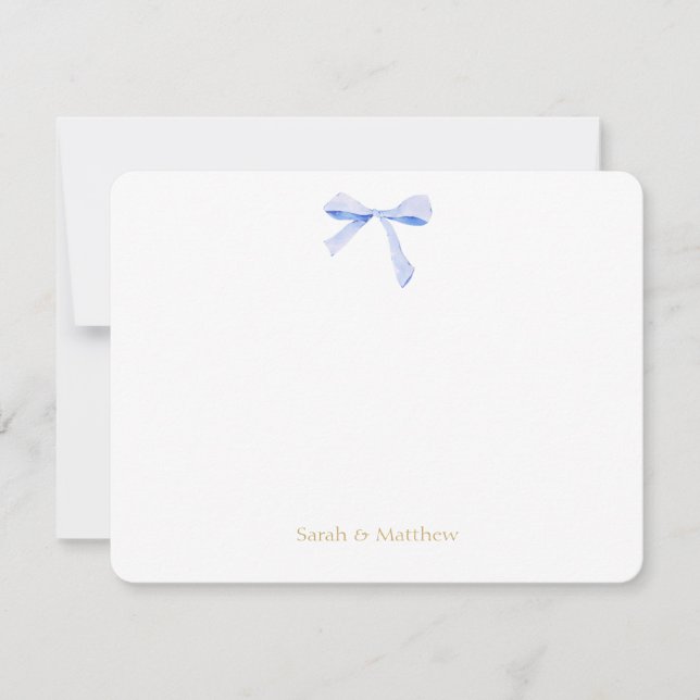 Faux Gold and White | Blue Ribbon Knot Wedding Note Card (Front)