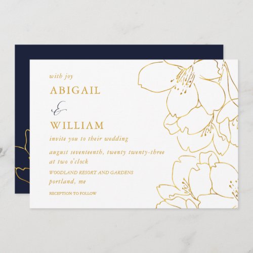 Faux Gold and White Floral Navy Wedding Invitation