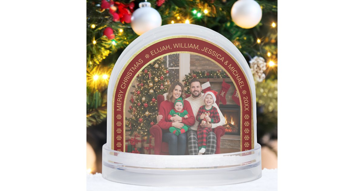 Faux Gold Arch Christmas Family Photo Burgundy Snow Globe | Zazzle