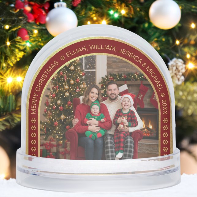 Faux Gold Arch Christmas Family Photo Burgundy   Snow Globe (Creator Uploaded)
