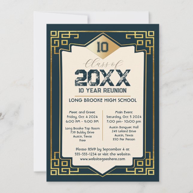  Faux Gold Art Deco 10 Year High School Reunion Invitation (Front)