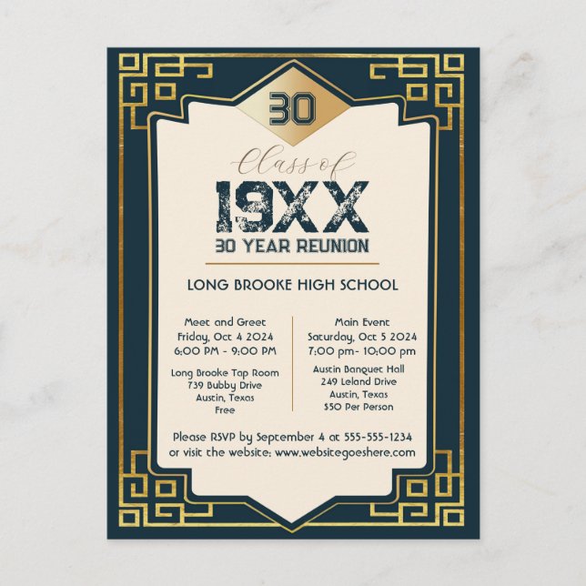  Faux Gold Art Deco 30 Year High School Reunion Postcard (Front)