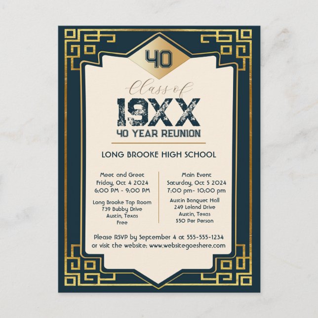  Faux Gold Art Deco 40 Year High School Reunion Postcard (Front)