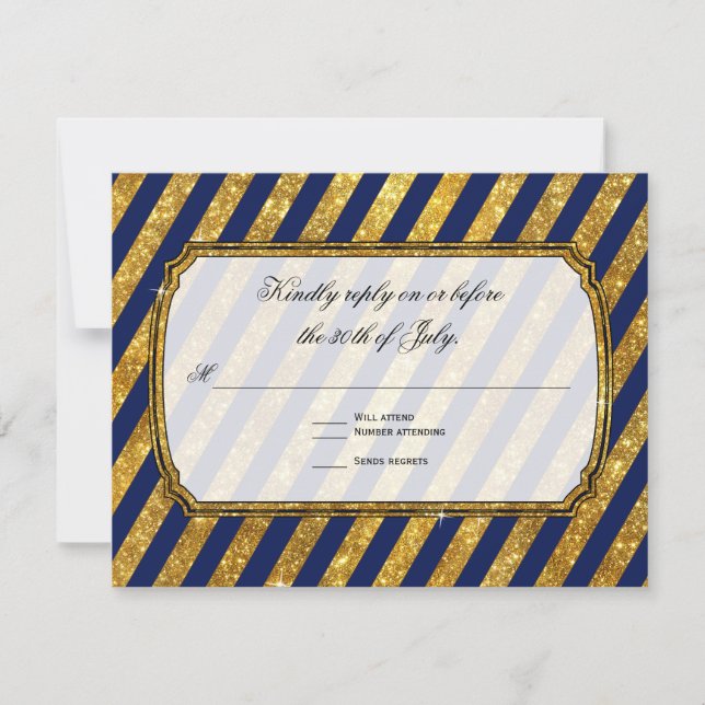 Faux Gold Art Deco Navy Blue Striped RSVP Response (Front)