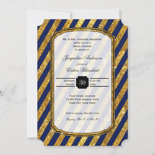 Faux Gold Art Deco Navy Blue Stripes Bridal Shower Invitation (Front)